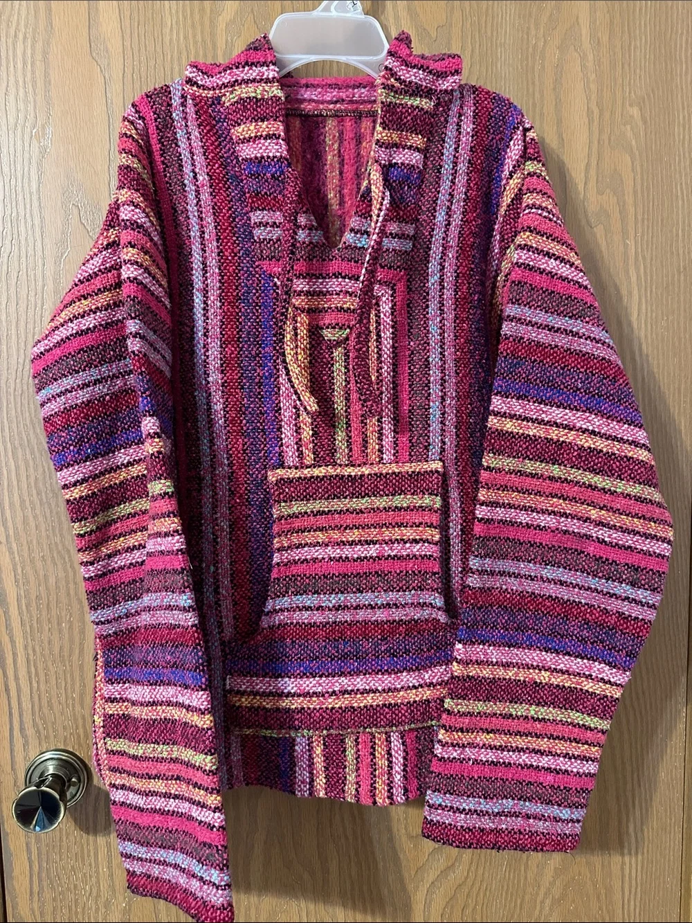Handwoven Pink Striped Baja Hoodie Sweater
